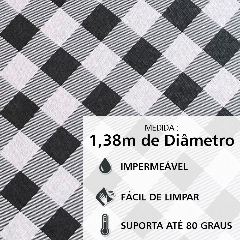 Toalha de Mesa Redonda Impermeável Térmica até 80 ° Xadrez Preto