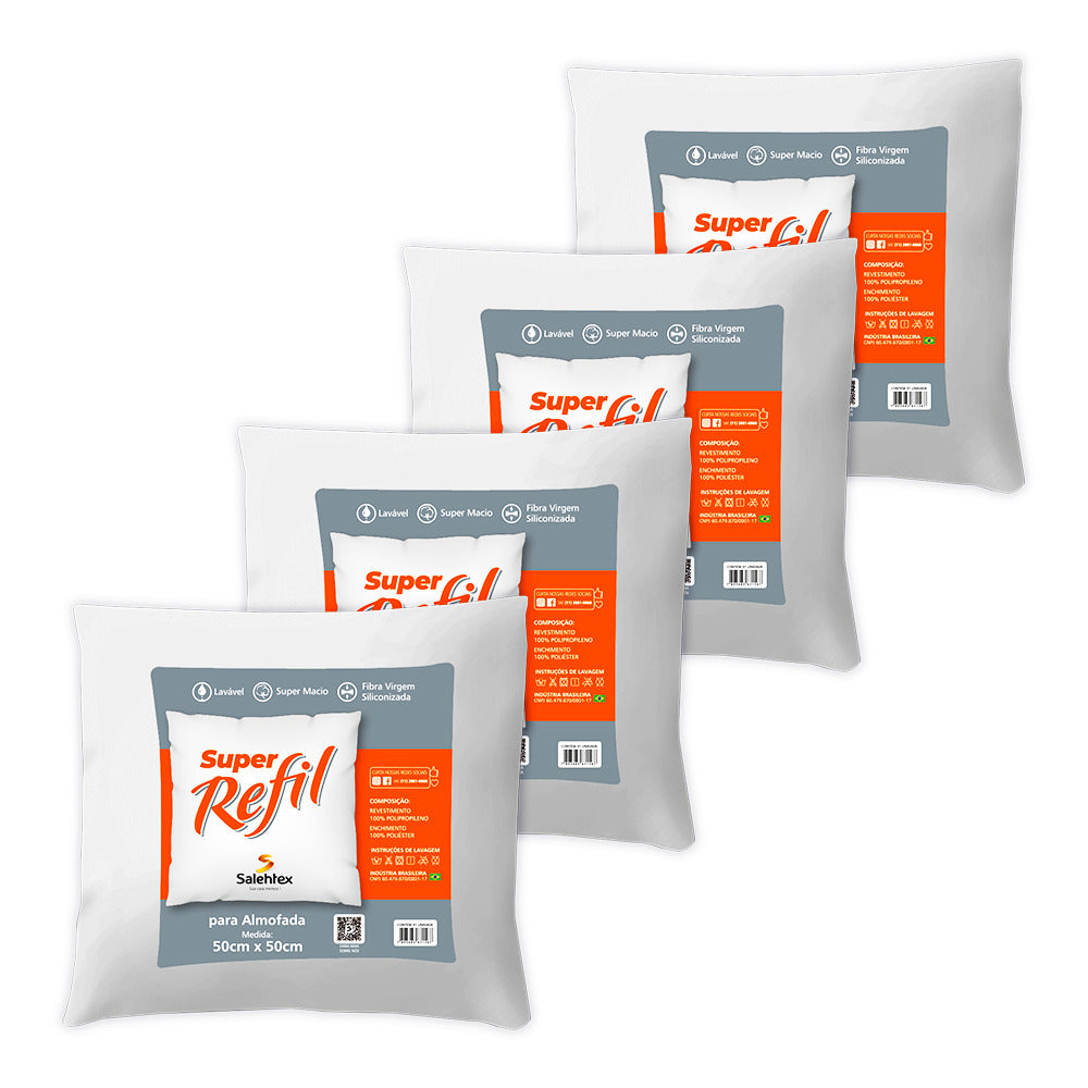 Kit 4 Refil para Almofada Siliconada Enchimento Fibra Branco 50 x 50